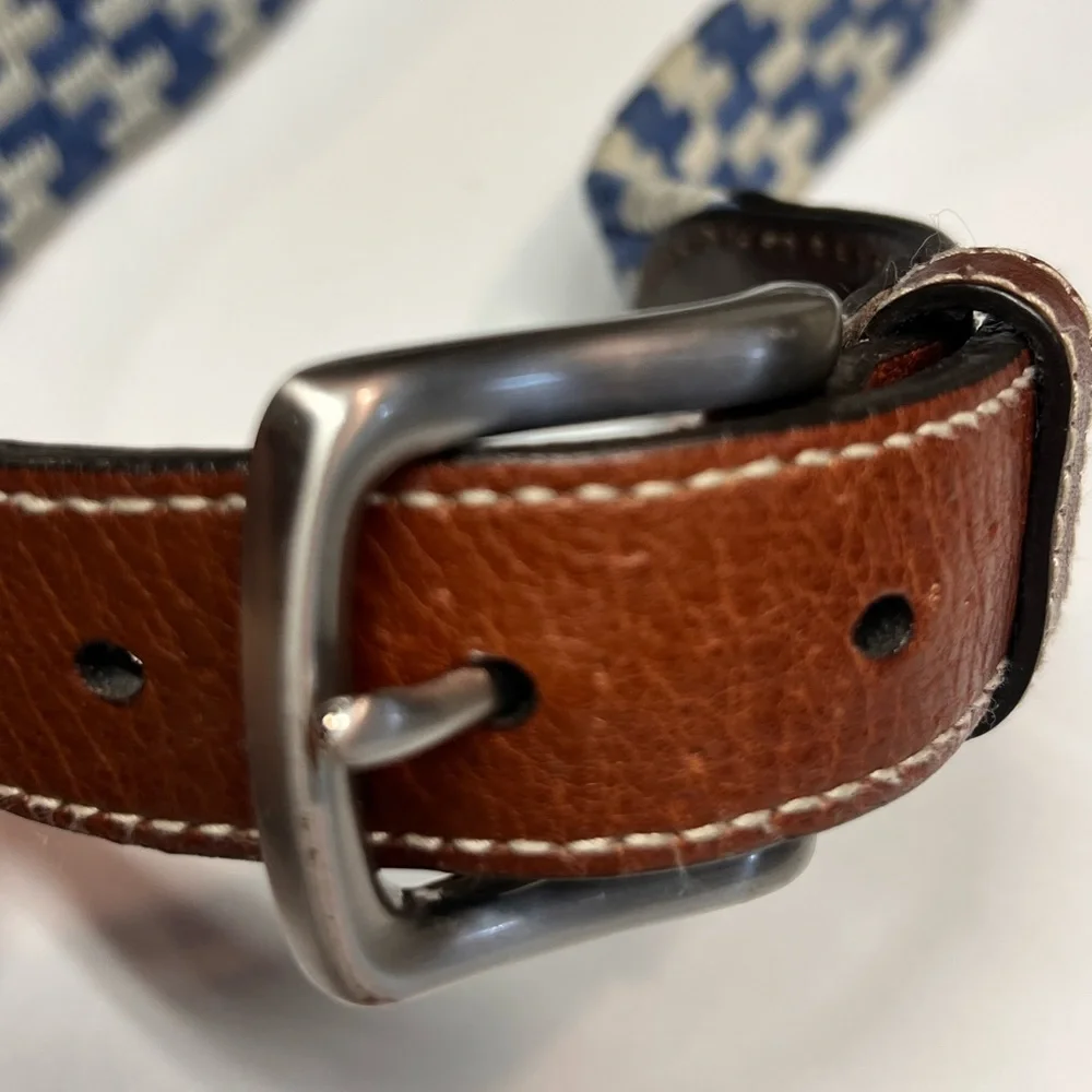 Vineyard Vines Belt Blue and White checked Cotton Leather Trim  Size 34